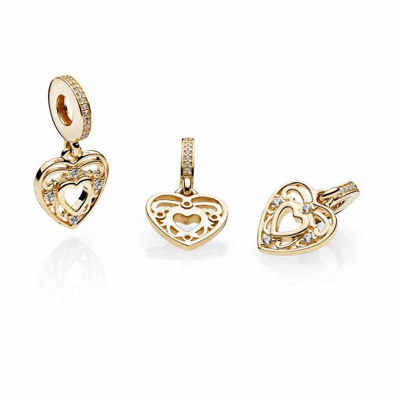 Pandora Romantic Heart Dangle Charm Ireland - Yellow Gold 14 K/Cubic Zirconia - 914075LNT